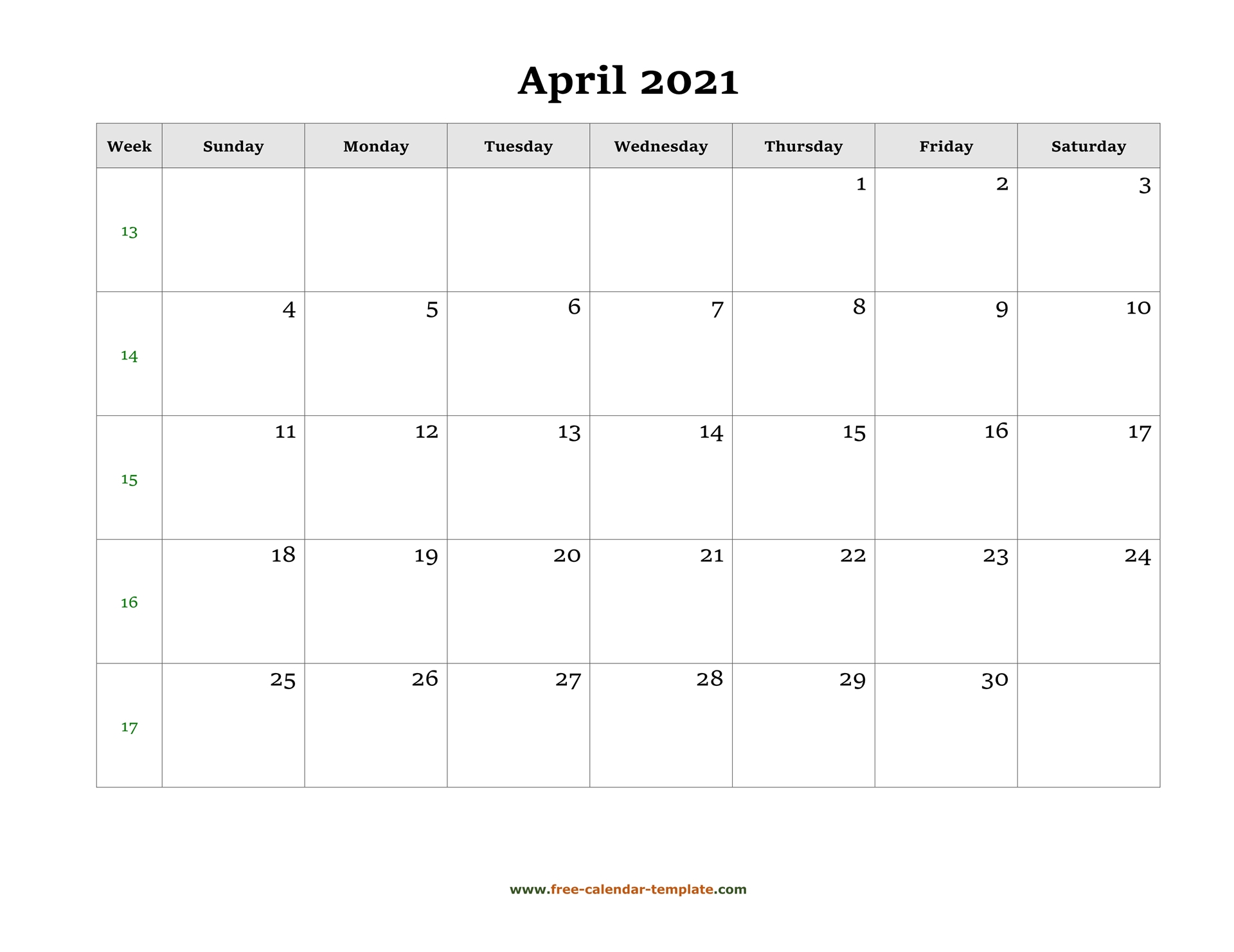 Free 2021 Calendar Blank April Template Horizontal Free Calendar Template Com
