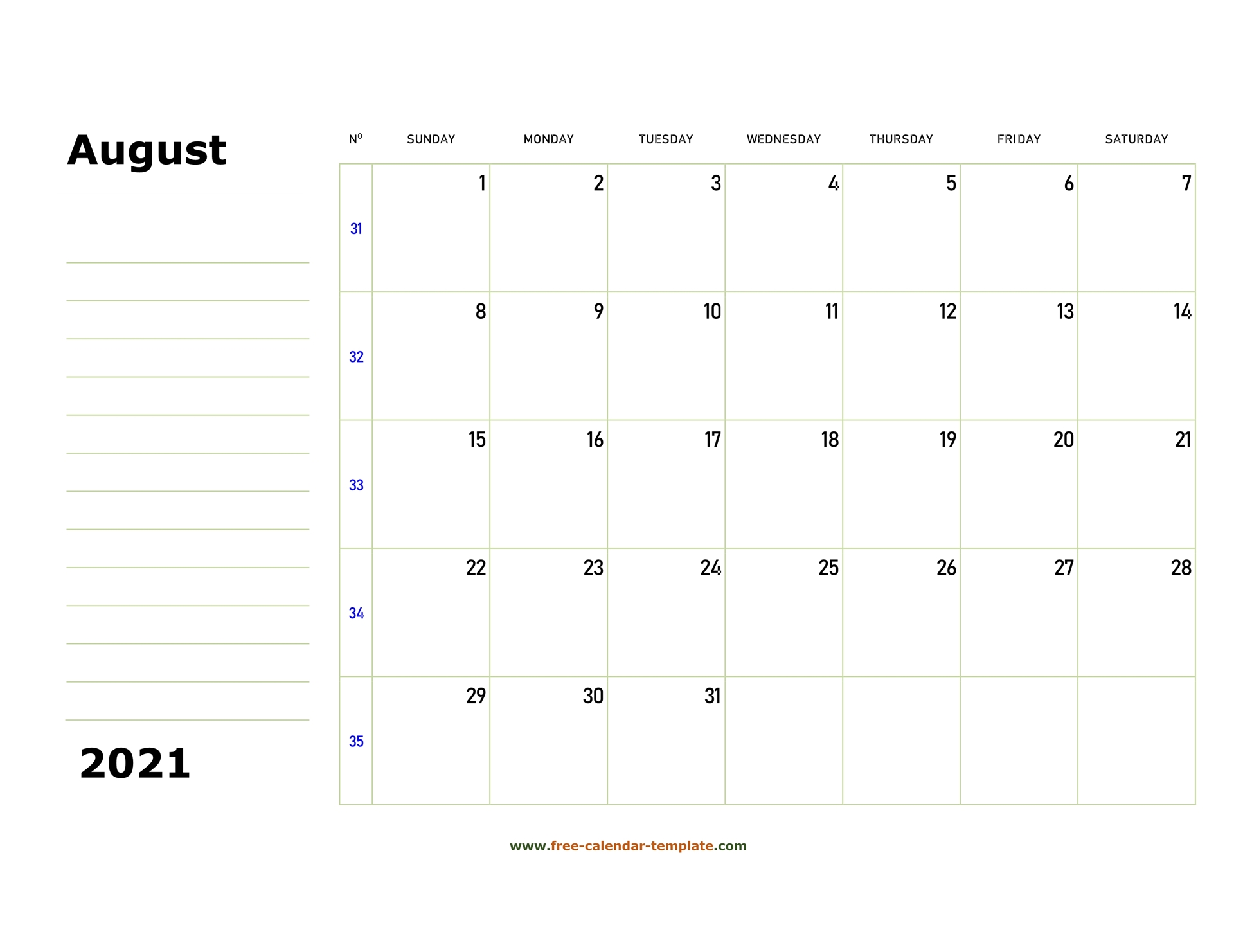 printable august 2021 calendar box and lines for notes free calendar template com