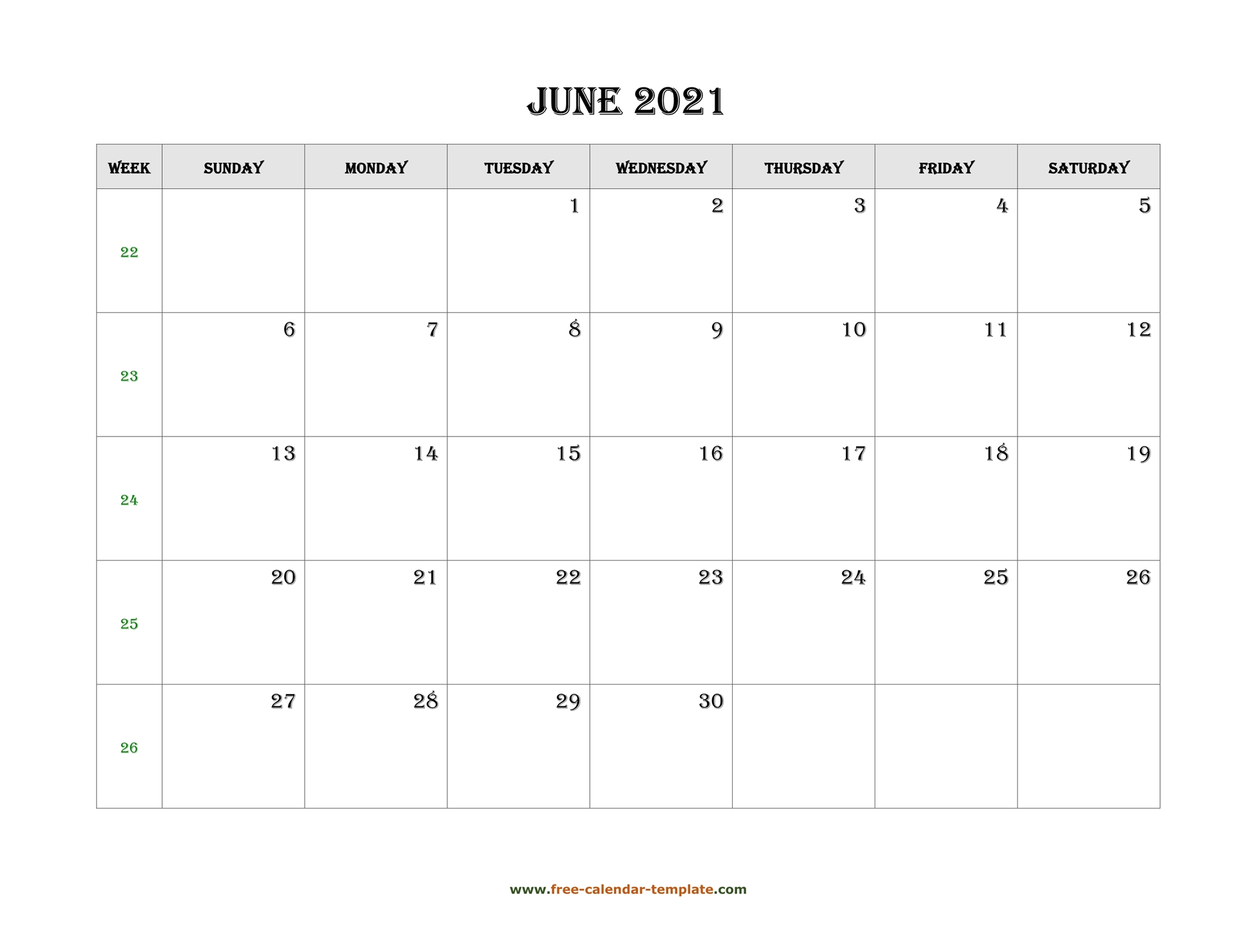 simple june calendar 2021 large box on each day for notes free calendar template com