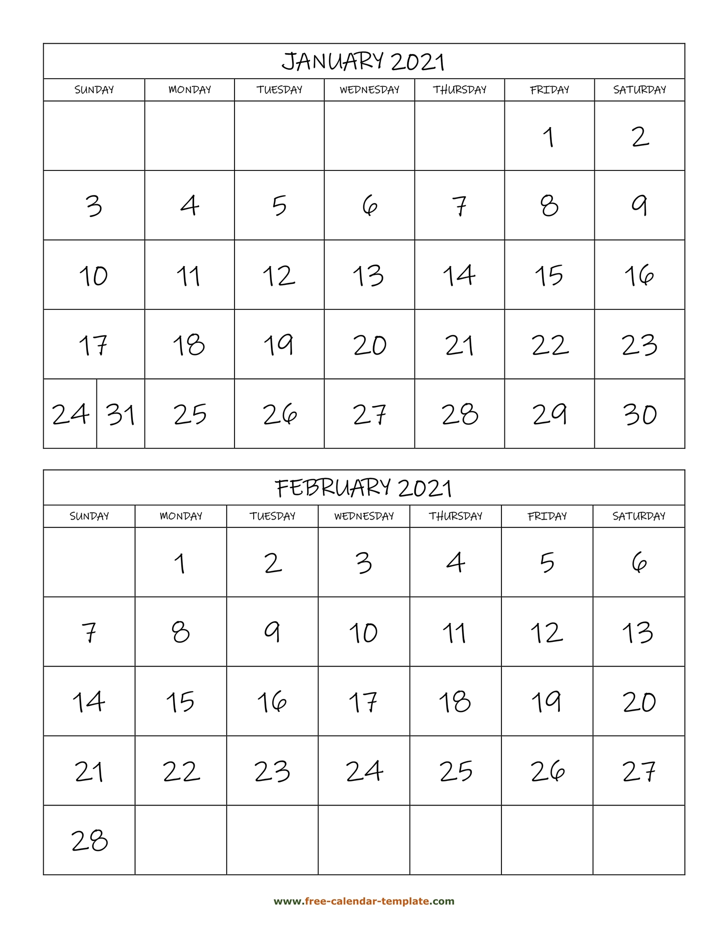 Printable Calendar 2 Months Per Page 2022 Monthly Calendar 2021, 2 Months Per Page (Vertical) | Free-Calendar-Template .Com