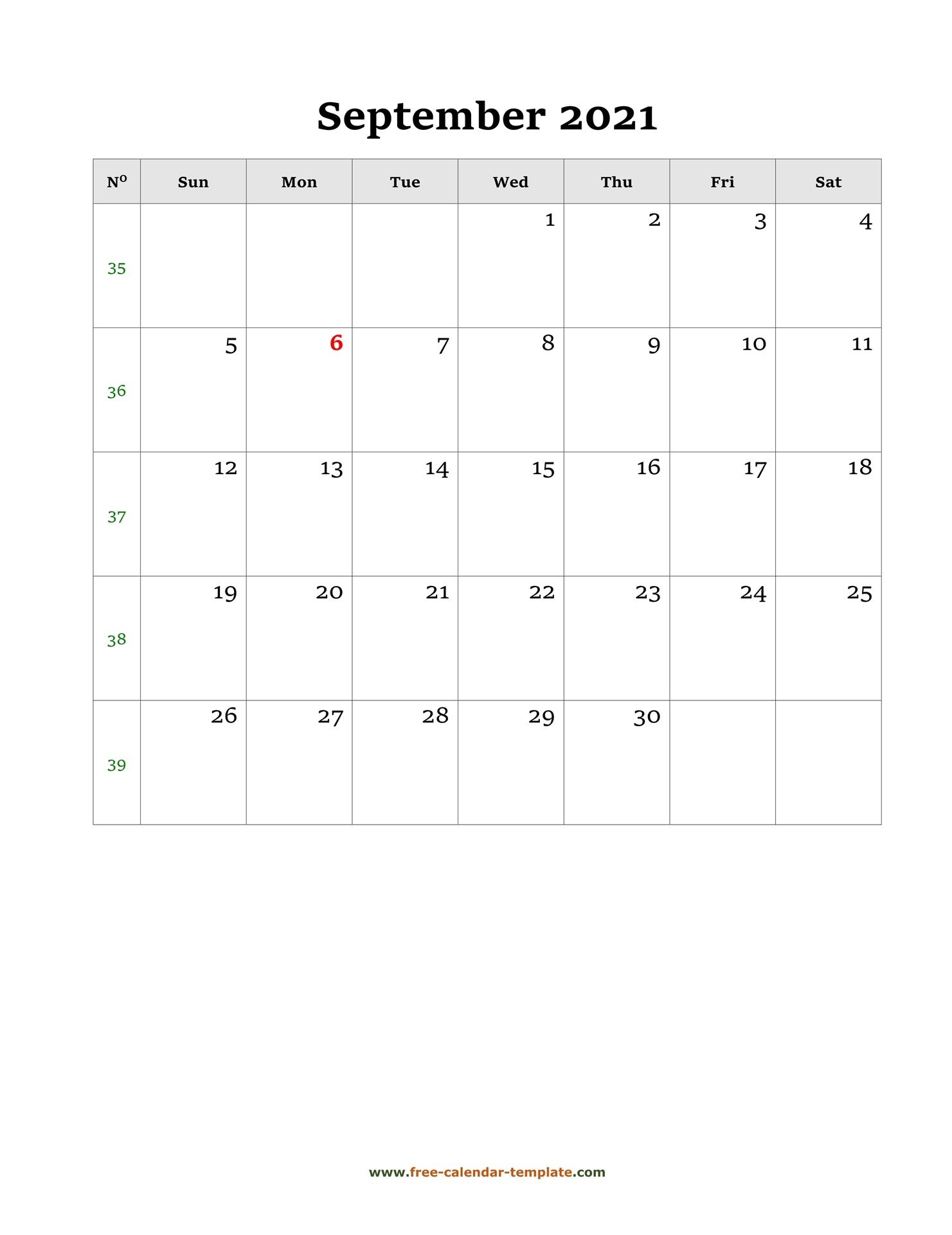 21 September Calendar (Blank Vertical Template)  Free-calendar With Blank One Month Calendar Template