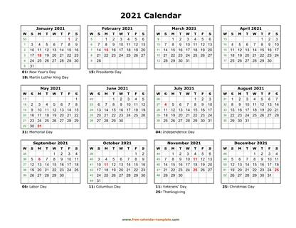 2021 calendar holidays month horizontal