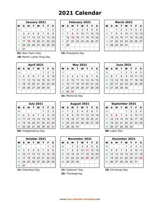 2021 calendar holidays month vertical