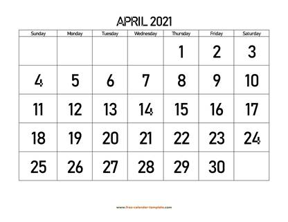 april 2021 calendar bigfont horizontal