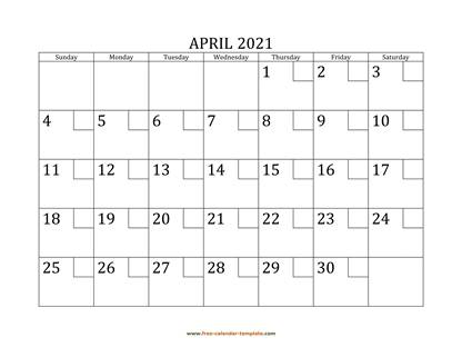 april 2021 calendar checkboxes horizontal