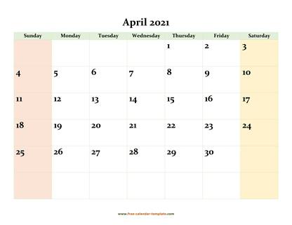 april 2021 calendar colored horizontal