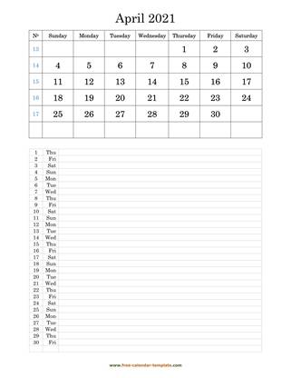 april 2021 calendar daily notes vertical