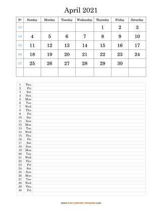 april 2021 calendar daily notes vertical