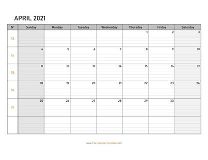 april 2021 calendar daygrid horizontal