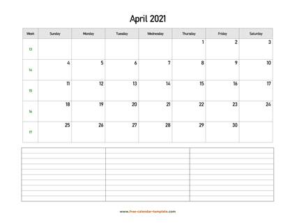 april 2021 calendar notes horizontal
