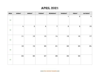 april 2021 calendar simple horizontal