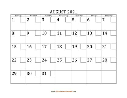 august 2021 calendar checkboxes horizontal