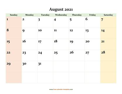 august 2021 calendar colored horizontal