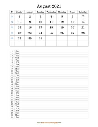 august 2021 calendar daily notes vertical
