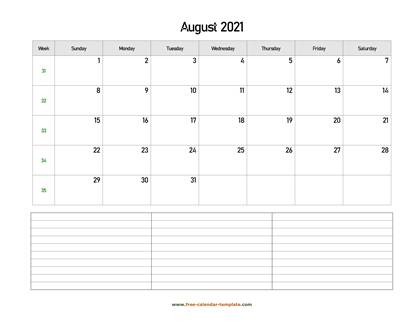august 2021 calendar notes horizontal