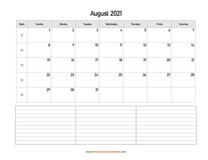august 2021 calendar notes horizontal