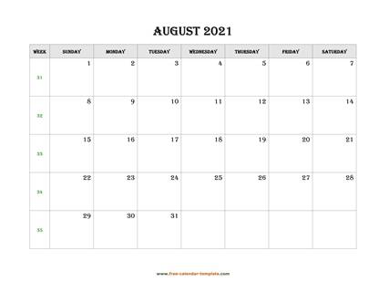 august 2021 calendar simple horizontal