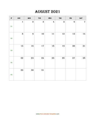 august 2021 calendar simple vertical