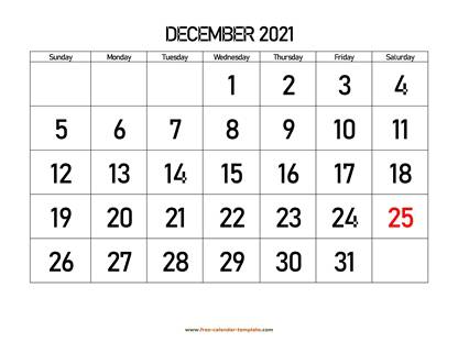 december 2021 calendar bigfont horizontal