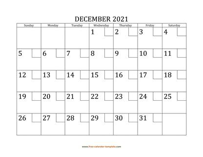 december 2021 calendar checkboxes horizontal