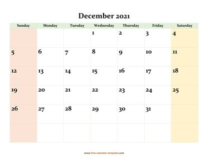 december 2021 calendar colored horizontal