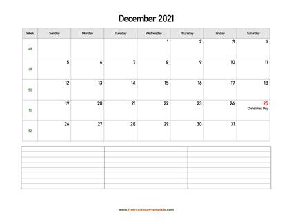 december 2021 calendar notes horizontal