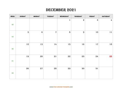 december 2021 calendar simple horizontal