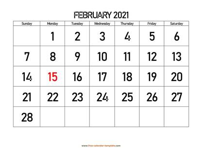 february 2021 calendar bigfont horizontal