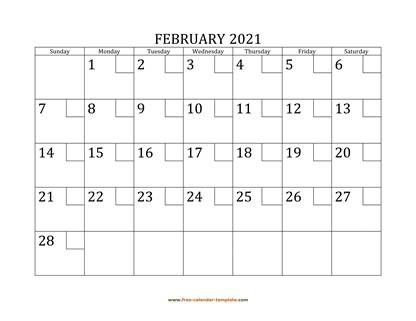 february 2021 calendar checkboxes horizontal