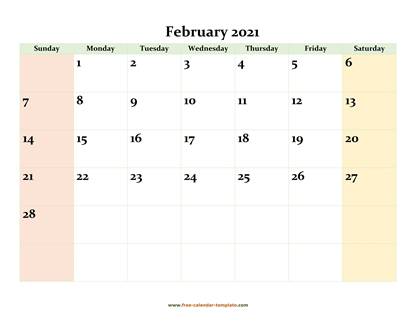 february 2021 calendar colored horizontal
