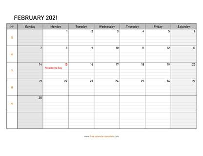 february 2021 calendar daygrid horizontal