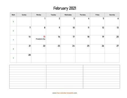 february 2021 calendar notes horizontal
