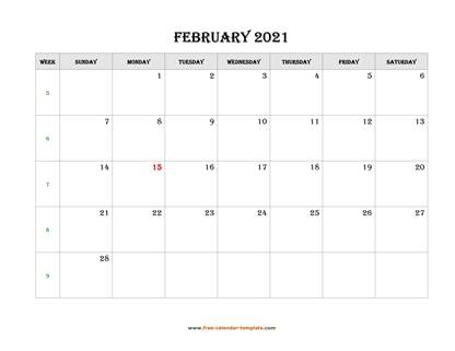 february 2021 calendar simple horizontal