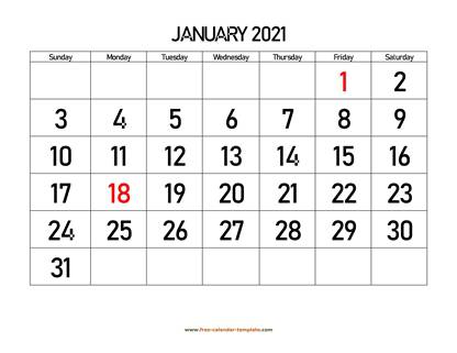 january 2021 calendar bigfont horizontal