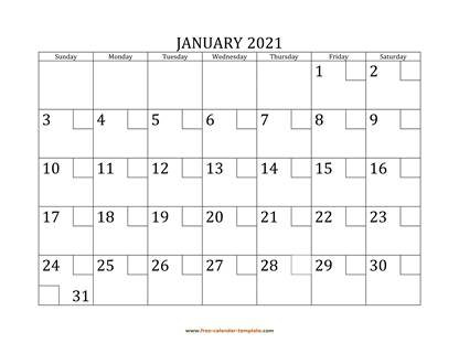 january 2021 calendar checkboxes horizontal