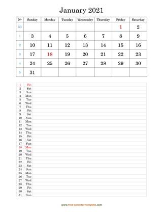 january 2021 calendar daily notes vertical