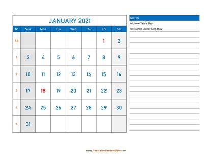 january 2021 calendar largenotes horizontal