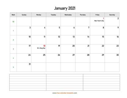 january 2021 calendar notes horizontal