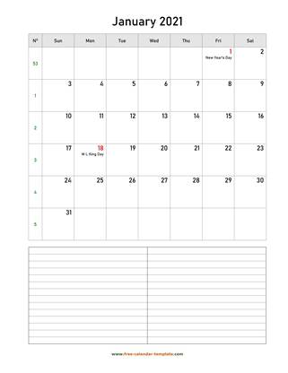 january 2021 calendar notes vertical