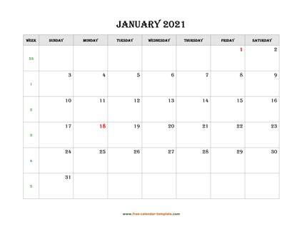 january 2021 calendar simple horizontal