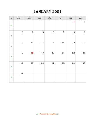 january 2021 calendar simple vertical