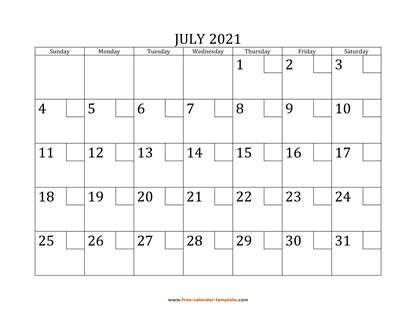 july 2021 calendar checkboxes horizontal