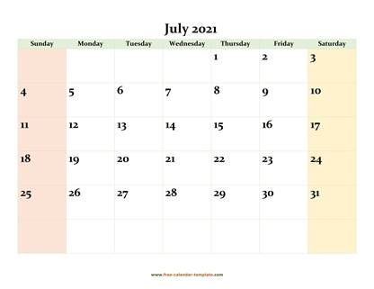 july 2021 calendar colored horizontal