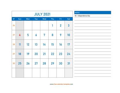 july 2021 calendar largenotes horizontal