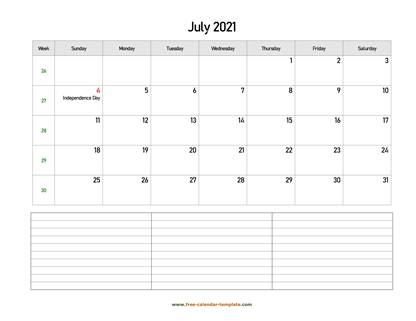 july 2021 calendar notes horizontal