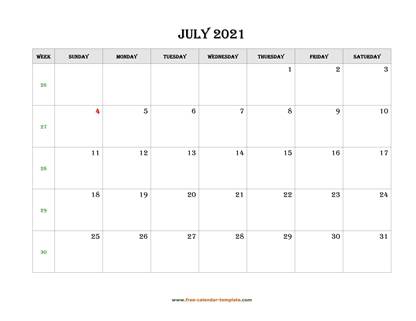 july 2021 calendar simple horizontal