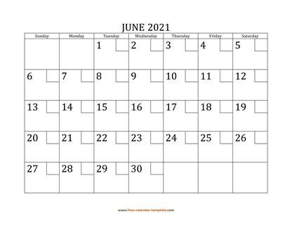 june 2021 calendar checkboxes horizontal