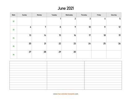 june 2021 calendar notes horizontal