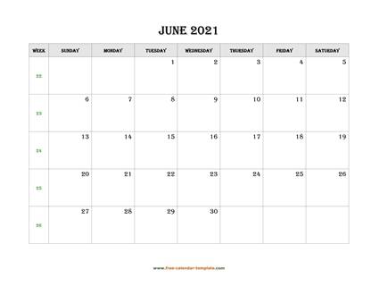 june 2021 calendar simple horizontal