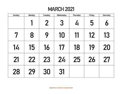 march 2021 calendar bigfont horizontal